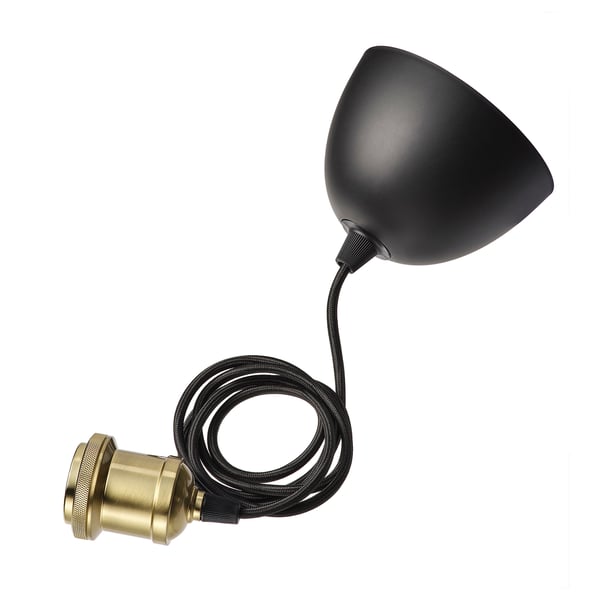 This image a JÄLLBY black desk lamp with a golden base, flexible cord, and sleek design.