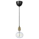 This image shows a hanging lamp with a black ceiling cup, gold socket, and a decorative, bubble-like light bulb.