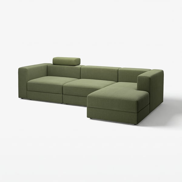 Olive-green modular sofa with wide cushions and storage. Modern, comfy, ideal for relaxing and socialising.