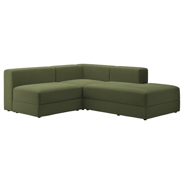 Modern l-shaped sofa in green, featuring corduroy fabric. Comfortable with storage, perfect for relaxation.