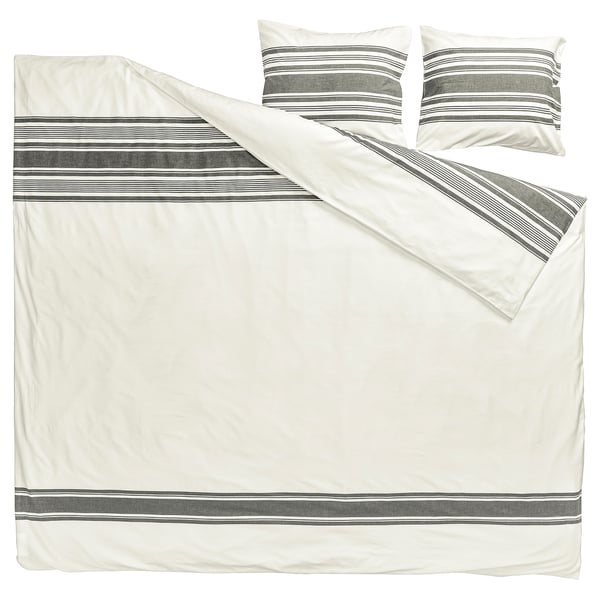 JÄTTEFRÄKEN bedding set, white with grey stripes, cotton. Includes flat sheet, fitted sheet, and two pillowcases. Minimalist, rectangular design.