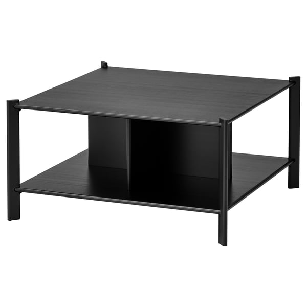Black square coffee table, JÄTTESTA, with bamboo shelves and metal legs.