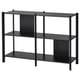 JÄTTESTA black wooden shelf, sturdy metal frame, minimalist design.