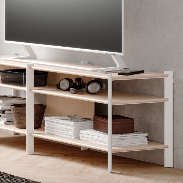 Modern tv stand JÄTTESTA in white with bamboo shelves, sleek angular design, stylishly displays items, ideal for living room.