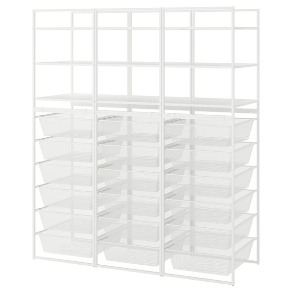 White JONAXEL metal shelving unit with mesh baskets for organised storage.