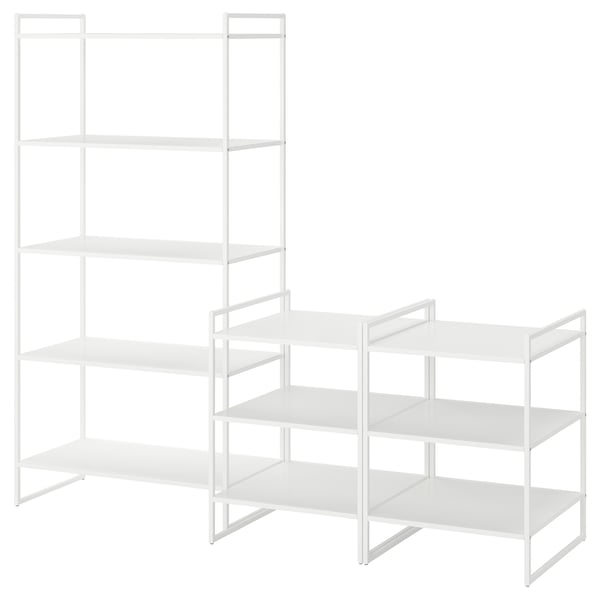 White JONAXEL metal bookshelf, 4-tier tall, 4-tier wide, modern minimalist design.
