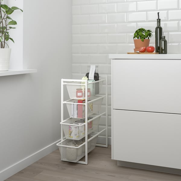 JONAXEL white steel mesh storage, small, fits in kitchen corners, holds books, plants.
