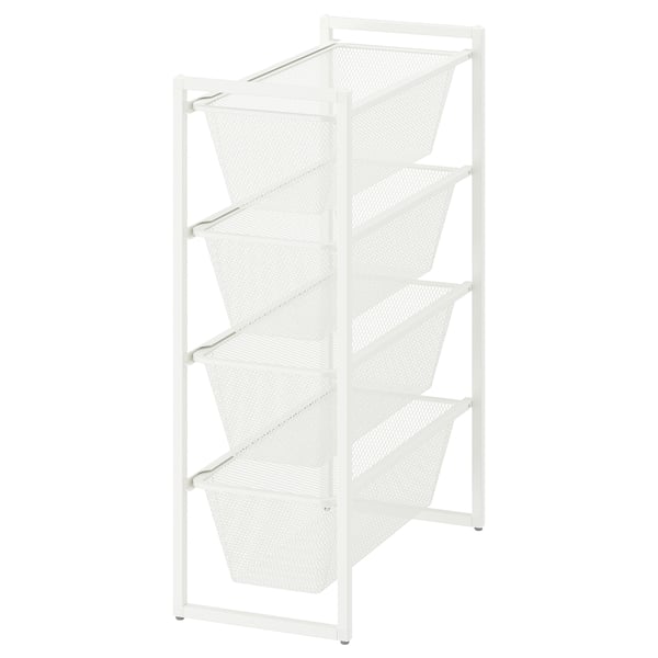 A white JONAXEL storage rack with five mesh baskets, ideal for organising items in bathrooms or laundry rooms.