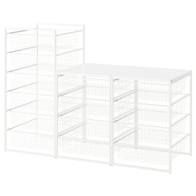 A white JONAXEL metal storage unit featuring multiple shelves and wire baskets, designed for organizing items efficiently.