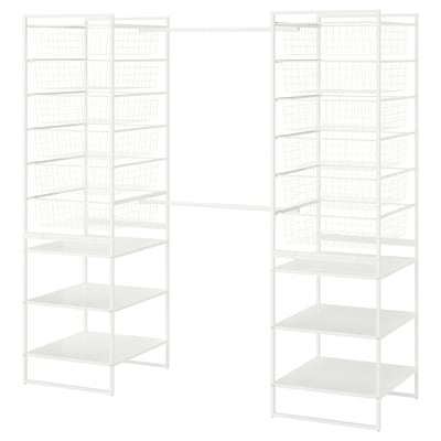 The JONAXEL white storage system, featuring wire baskets and shelves, ideal for organized storage in various rooms.