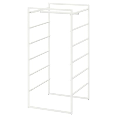 A white JONAXEL storage unit. It a metal frame with multiple horizontal bars for hanging clothes.
