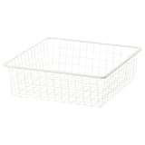 A white JONAXEL wire storage basket, rectangular, with a grid design for ventilation, ideal for organising and storing folded clothes or accessories.