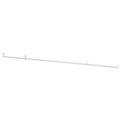 A silver JOSTEIN clothing rod made of steel, designed to be mounted between two shelving units.