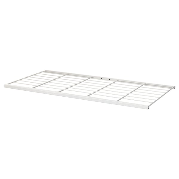 A white JOSTEIN wire shelf. Its made of powder-coated steel, rectangular, and designed for outdoor or humid indoor use.