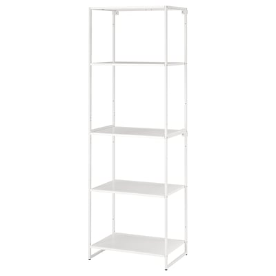 A JOSTEIN white metal shelving unit with four shelves. Its designed for indoor and outdoor use, resistant to moisture.