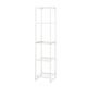 A white JOSTEIN storage shelf, made of steel, with three open shelves. Its designed for indoor and outdoor use.