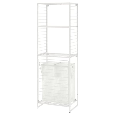 A white JOSTEIN storage unit with shelves and a bag, ideal for organizing small spaces, both indoors and outdoors.