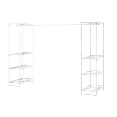 White JOSTEIN storage unit with adjustable clothing rod, three shelves, metal frame. Perfect for humid spaces.