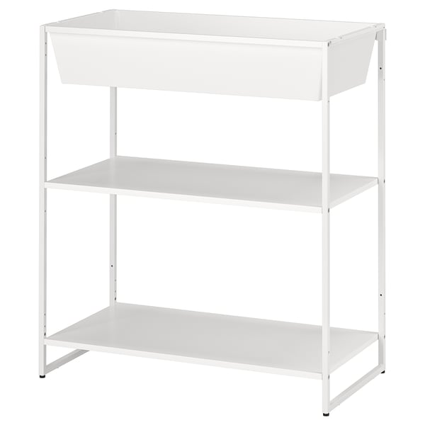 White metal storage unit, 3-tier, outdoor/indoor use.