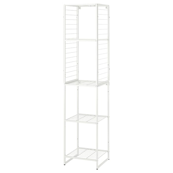 White JOSTEIN storage shelf with four open shelves, suitable for indoor and outdoor use.