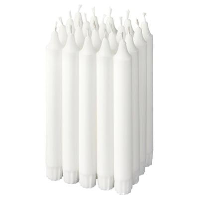 Set of white, cylindrical JUBLA candles of equal size and shape, neatly arranged vertically.