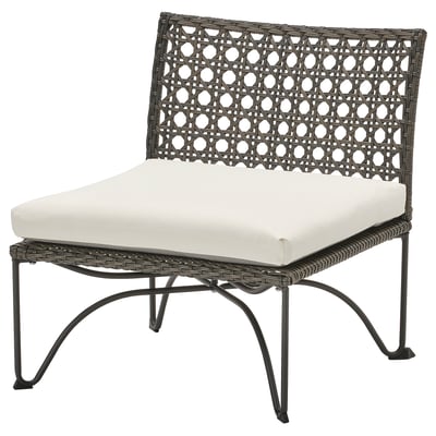 JUTHOLMEN outdoor chair, dark gray wicker, white cushion, steel frame.