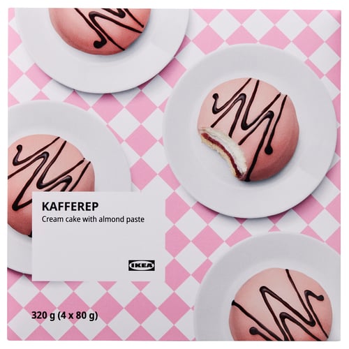 KAFFEREP cream cakes on pink plates, diamond background, packaging detail.