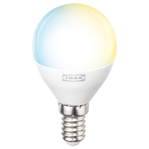 Ikea KAJPLATS lightbulb, adjustable white spectrum, round shape, aluminum base, plastic body.