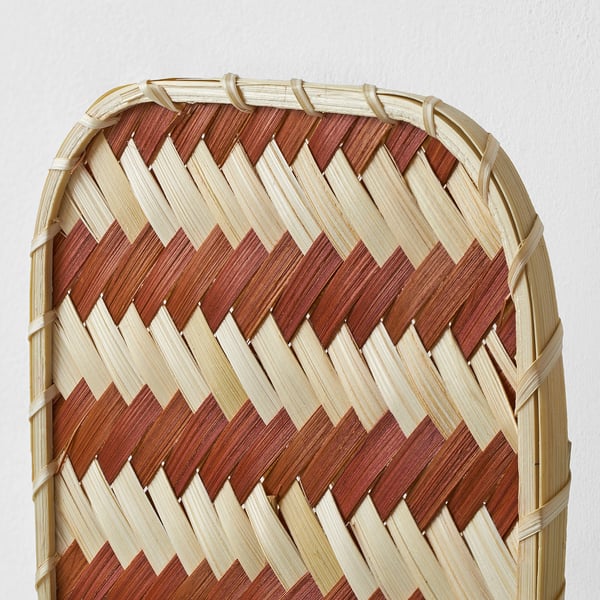 Intricate woven basket, natural tones, zigzag pattern of light and dark wood, handcrafted quality.