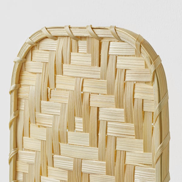 Woven bamboo basket, handcrafted, natural colour, round top, textured surface.