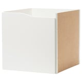 A KALLAX storage cube in white with a wooden back. Its a square, flat-pack design with a door for storage.
