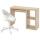 A light wood desk and white office chair with casters.