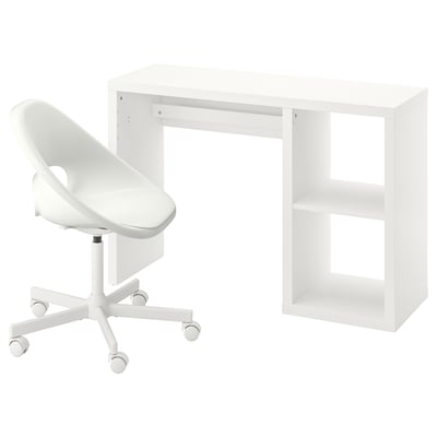 A white KALLAX desk and chair set. The desk has an open design with storage spaces. The chair is swivel with a white seat and base.