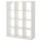A white KALLAX shelf unit, rectangular with multiple open cubes.