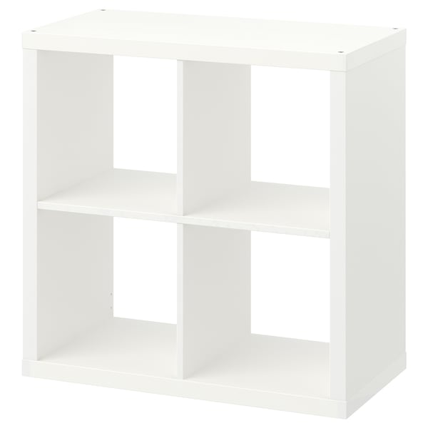 KALLAX white cube shelf, modular storage, minimalist design.