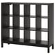 A black KALLAX shelf unit with multiple cubes for storage, showcasing a modern, minimalist design with square compartments and an airy underframe.