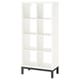 A white KALLAX shelving unit with a black metal base, featuring open compartments for storage.