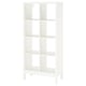 A white KALLAX shelving unit with multiple open shelves and a metal underframe. It has a modern design with clean lines.