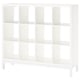 White KALLAX shelf, cubic design, smooth edges, stands on 4 legs, all open compartments.