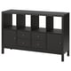 Black KALLAX storage unit with shelves, drawers, and cabinets. Modern and functional design for living or dining rooms.