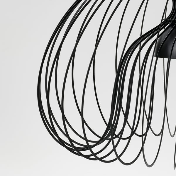 Black modern pendant lamp with intricate, curved metal wires forming an airy shade, suspended against a light background.
