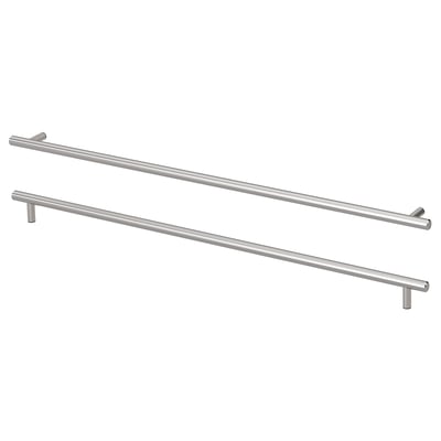 Two long, sleek stainless steel handles, neatly arranged on a white background, showcasing modern kitchen hardware design.