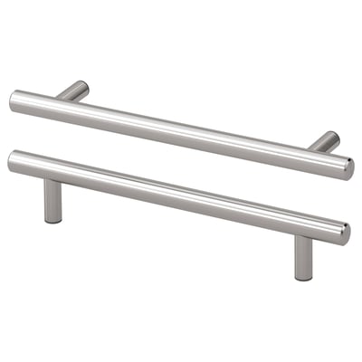 Two sleek, stainless-steel KALLRÖR handles, featuring polished, rounded bars and minimalist design, ideal for modern kitchen cabinets.