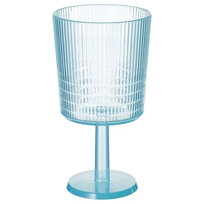 Blue KALLSINNIG plastic wine glass, textured design, durable, stand base.