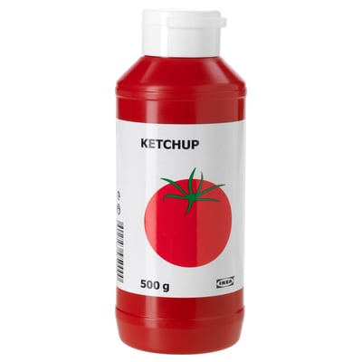 Bottle of KETCHUP. Red plastic container with white label, tomato graphic. Popular condiment for various dishes.