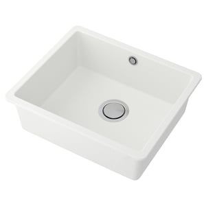 White rectangular kitchen sink, smooth quartz composite surface, single deep basin, modern design, simple, clean lines.