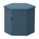 Blue hexagonal fabric storage ottoman with removable lid.