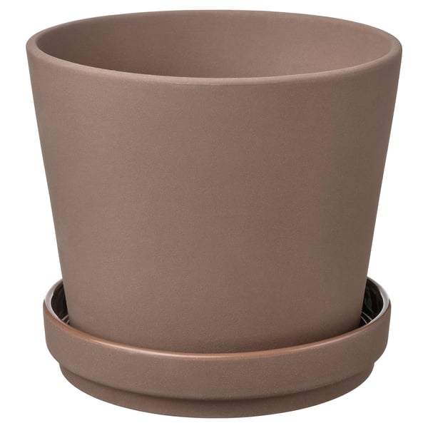 KLARBÄR planter, brown, round, stoneware with drain hole, saucer, matte textured finish.