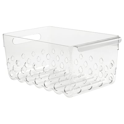 KLIPPKAKTUS clear fridge basket, clear plastic, rectangular with ventilation holes and cut-out handles.