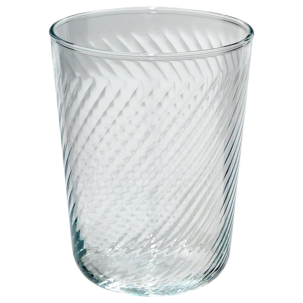 KLIPPLAX clear glass tumbler, cylindrical shape with wavy, textured interior, smooth exterior.